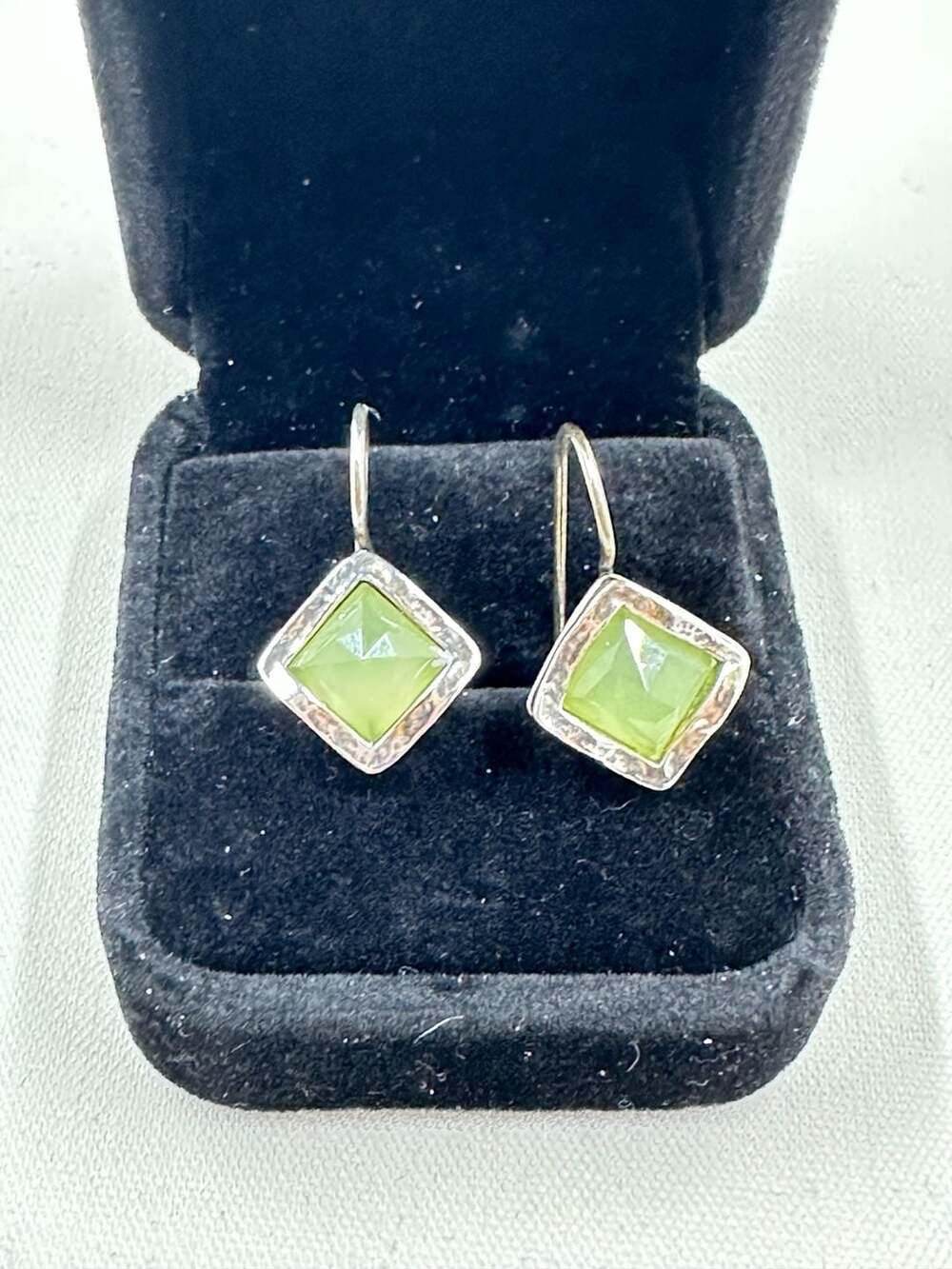 JIDAE 925 Sterling Silver Square Green Faceted Stone Dangle Earrings